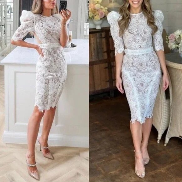 BRONX AND BANCO MADELEINE DRESS White Lace Bridal Wedding Puff Sleeve Illusion L - Picture 10 of 16